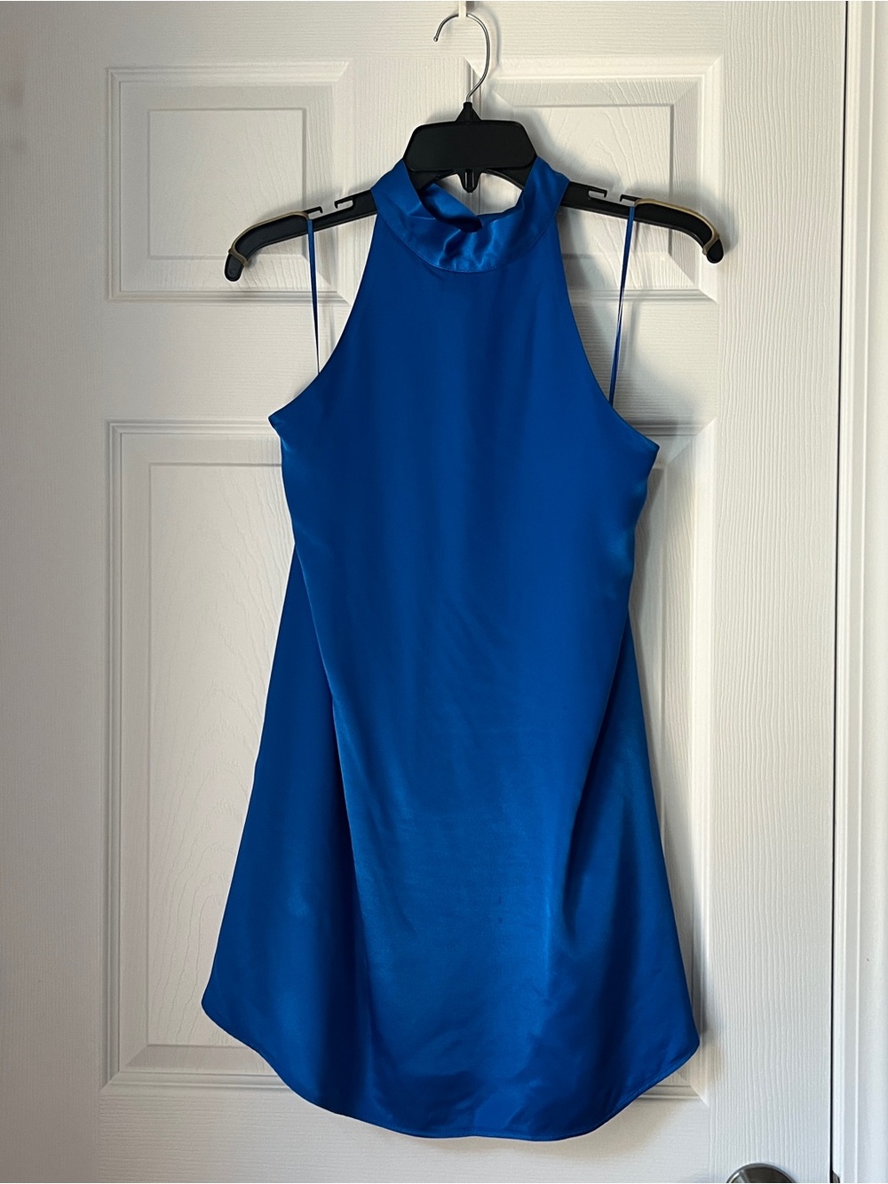Zara Blue High-Neck Short Satin Halter Dress